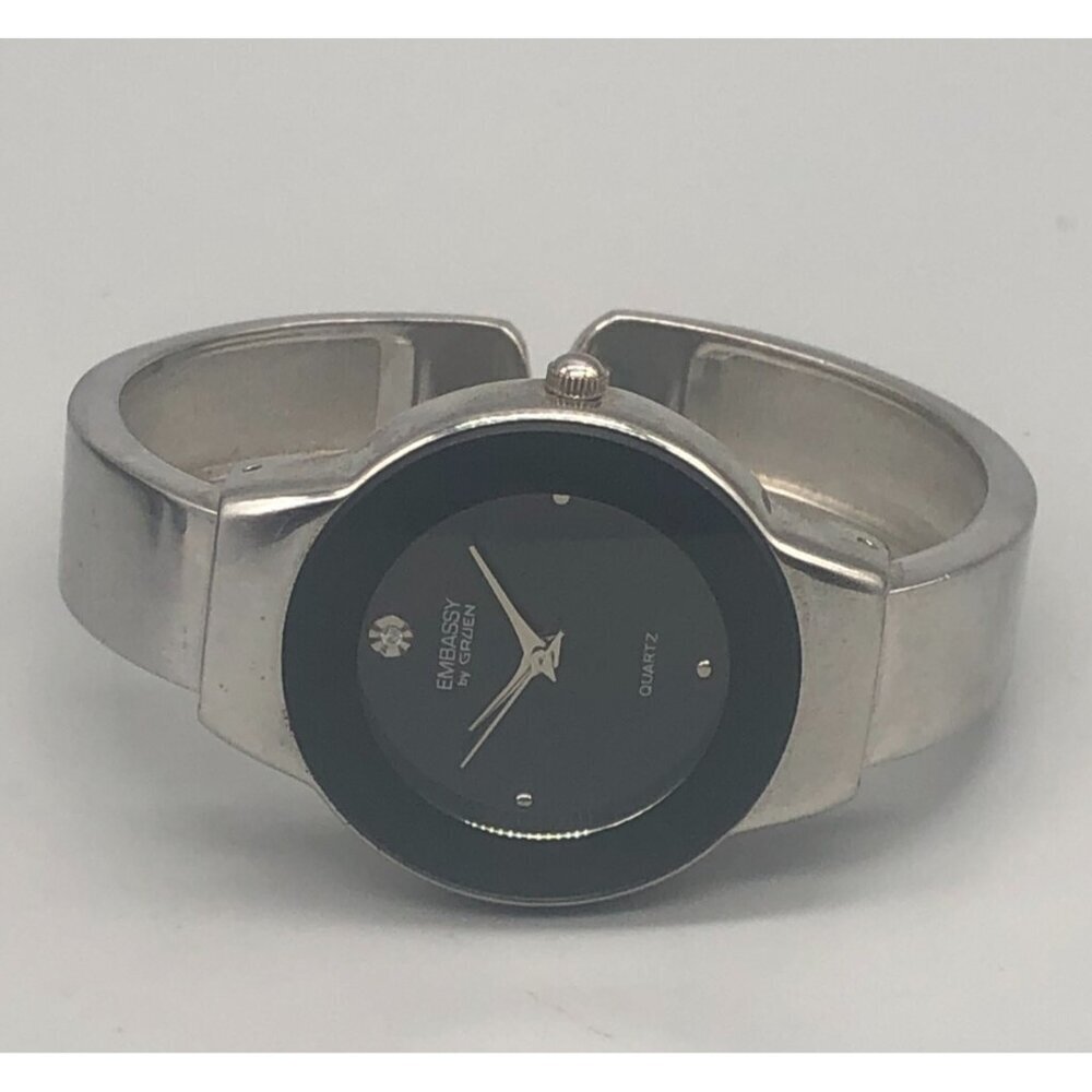 3/$30 Embassy by Gruen Watch Women Silver Tone Black Dial Cuff Band 6.5"